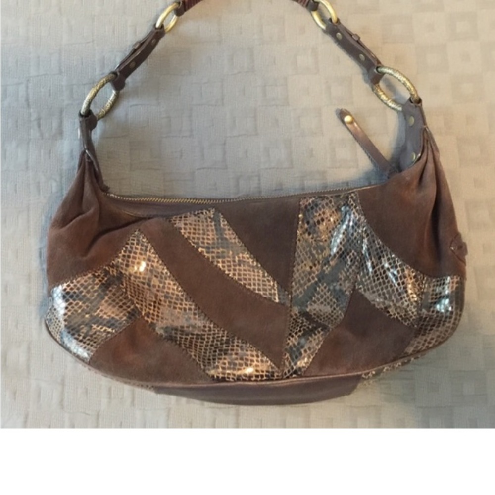 Cole Haan Brown Suede Snakeskin Hobo Handbag Bag